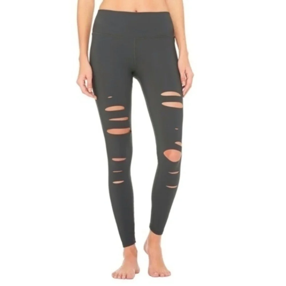 Alo Yoga High-Waist Ripped Warrior Legging in ‘Anthracite’ Gray Size Small
